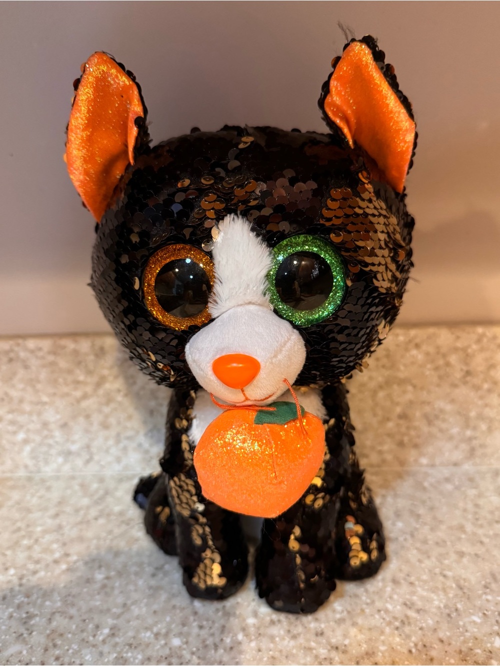 Jinx the Cat Halloween Plush with Orange Pumpkin Beanie